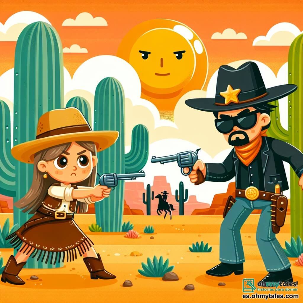 Une illustration destinée aux enfants représentant une courageuse cowgirl au chapeau de paille, prête à affronter un bandido menaçant avec l'aide du shérif, dans les vastes terres désertiques du Far West, où les cactus se dressent fièrement sous un soleil flamboyant.