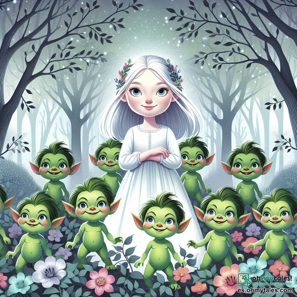 Une illustration destinée aux enfants représentant une jeune fille au teint de porcelaine, entourée de sept petits duendes verts aux visages malicieux, dans un bosque enchanté aux arbres aux feuilles argentées et aux fleurs lumineuses aux couleurs chatoyantes.