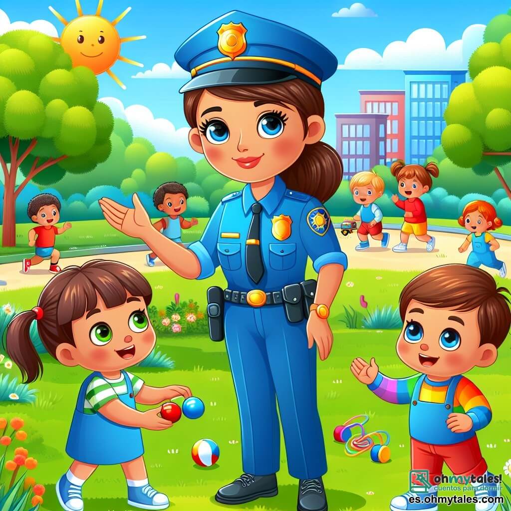 Une illustration sous forme de dessin destinée aux enfants représentant un parc ensoleillé avec des arbres verts et des enfants jouant joyeusement, au centre une policière souriante, une femme aux cheveux bruns attachés en chignon et portant un uniforme bleu brillant, qui explique son travail aux enfants émerveillés, dont un petit garçon aux yeux pétillants et une petite fille aux couettes, tous deux écoutant attentivement tout en tenant des jouets colorés, créant une atmosphère de camaraderie et d'apprentissage sur l'importance de la sécurité et de l'entraide.