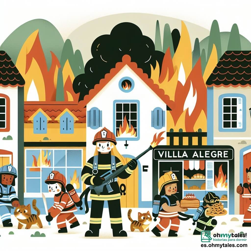 Une illustration destinée aux enfants représentant une courageuse pompière, en train de combattre un incendie avec son équipe, avec en toile de fond une petite boulangerie en flammes dans le charmant village de Villa Alegre.