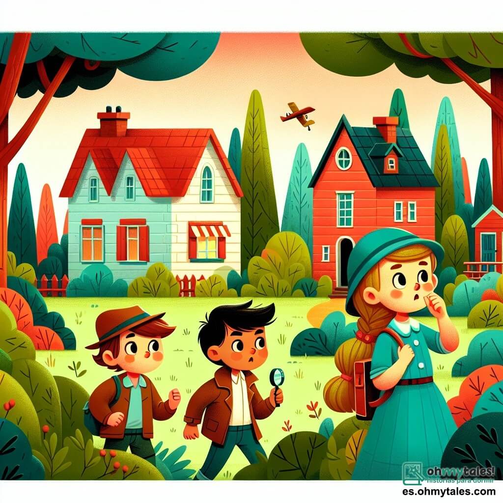 Une illustration destinée aux enfants représentant une fillette curieuse et courageuse, enquêtant avec ses amis sur la disparition mystérieuse de leur casita del árbol, accompagnée d'un garçon ingénieux et d'une fille astucieuse, dans un charmant et coloré vecindario avec des maisons aux toits rouges et des arbres verdoyants.