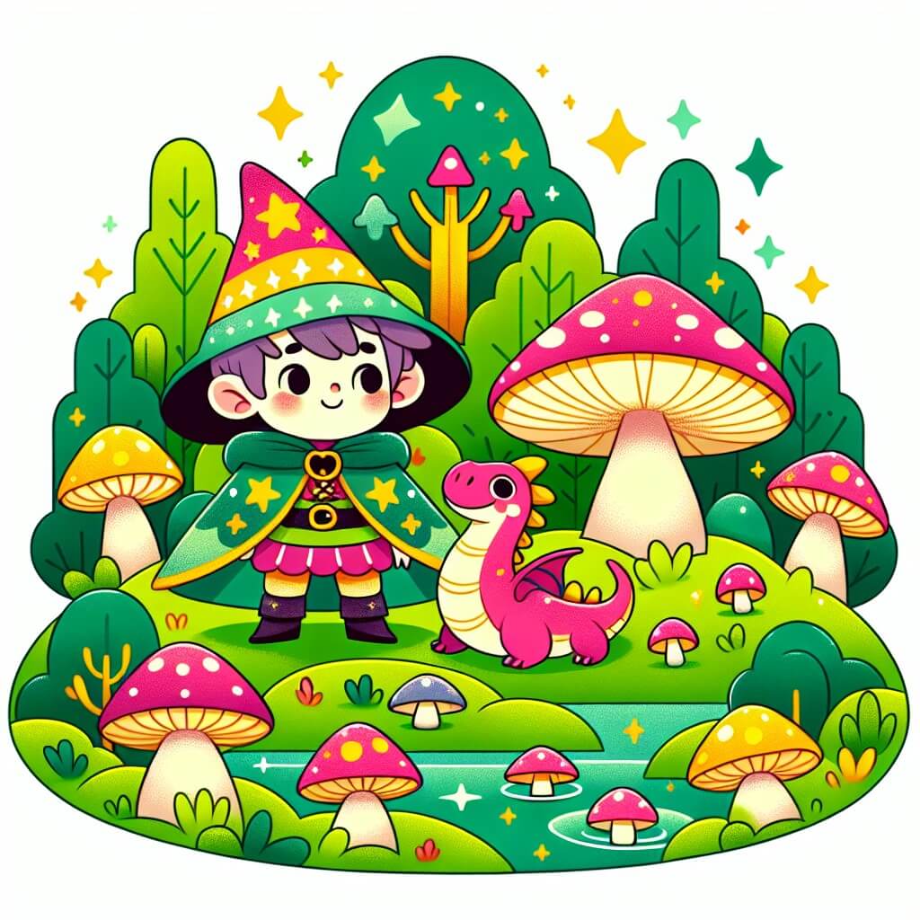 Une illustration destinée aux enfants représentant un jeune garçon, vêtu d'une cape multicolore et d'un chapeau pointu orné d'étoiles, se tenant au sommet d'une colline verdoyante parsemée de champignons géants, tandis qu'un petit dragon rose flotte joyeusement à ses côtés, dans un royaume fantastique où les arbres ont des visages souriants et les rivières scintillent de paillettes magiques.