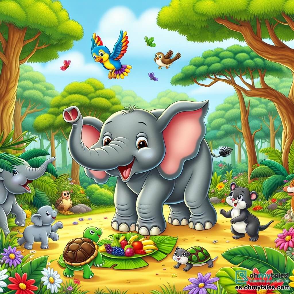 Ilustración que representa un gran claro soleado en el corazón de la jungla, rodeado de árboles majestuosos con troncos gruesos y hojas de un verde brillante, donde flores coloridas brotan aquí y allá, añadiendo toques de rojo, amarillo y violeta. En el centro de esta escena, un elefante alegre con grandes orejas que flotan como alas, piel gris y ojos brillantes de curiosidad, se sostiene sobre sus patas delanteras, levantando su trompa con entusiasmo, listo para compartir frutas con sus amigos. A su lado, un pequeño pájaro de plumas multicolores, con un pico afilado y ojos vivos, vuela a su alrededor, cantando alegremente e incitando a los otros animales a unirse a la fiesta. En el fondo, animales de la jungla, como una tortuga con un caparazón brillante y un pequeño ratón de grandes orejas, se acercan sonriendo, atraídos por el delicioso olor de las frutas extendidas sobre una gran hoja. La atmósfera es festiva, llena de risas y colores vivos, ilustrando un momento de compartir y alegría en la jungla.