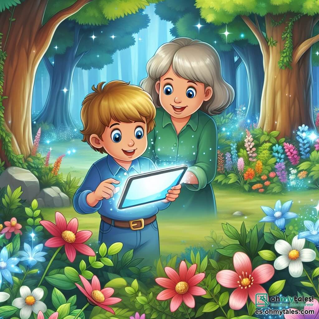 Une illustration destinée aux enfants représentant un garçon curieux découvrant une tablette électronique brillante dans un bosquet enchanté, avec sa mère encourageante à ses côtés, entourés de fleurs colorées et d'arbres majestueux dans un jardin magique.