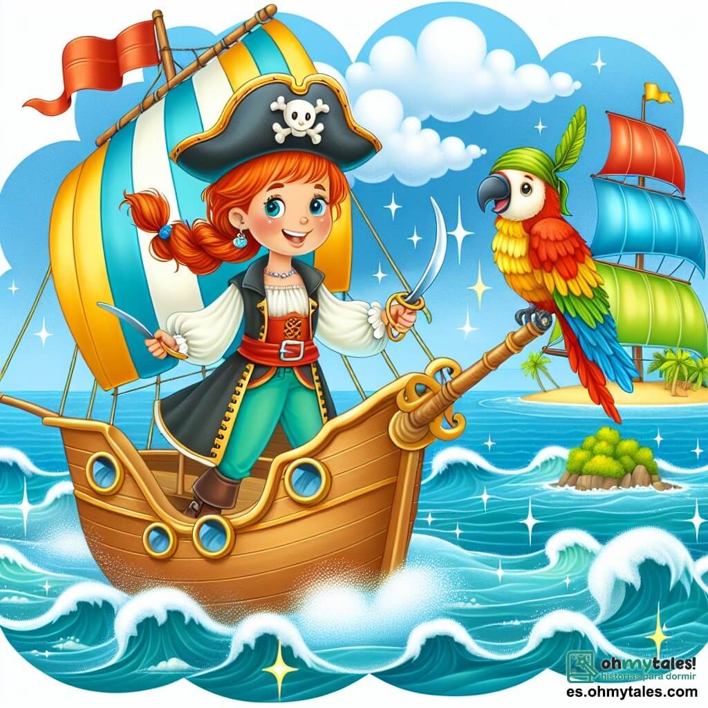 Une illustration destinée aux enfants représentant une courageuse capitaine pirate aux cheveux rouges naviguant sur un navire coloré, accompagnée de son fidèle perroquet bavard, voguant à travers un océan scintillant parsemé de petites îles verdoyantes et de voiliers majestueux.