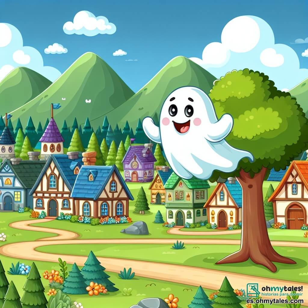 Une illustration destinée aux enfants représentant un fantôme farceur flottant joyeusement dans un village pittoresque entouré de collines verdoyantes, avec des maisons colorées et des arbres majestueux, tandis qu'il joue des tours amusants à ses nouveaux amis.