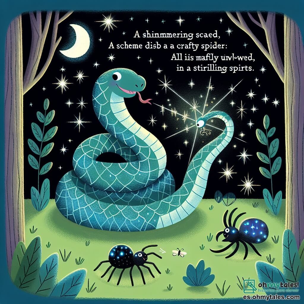 Une illustration destinée aux enfants représentant une serpent aux écailles chatoyantes découvrant un complot ourdi par une araignée malicieuse, avec pour compagnon une luciole étincelante, dans une forêt enchantée baignée par la lueur des étoiles.