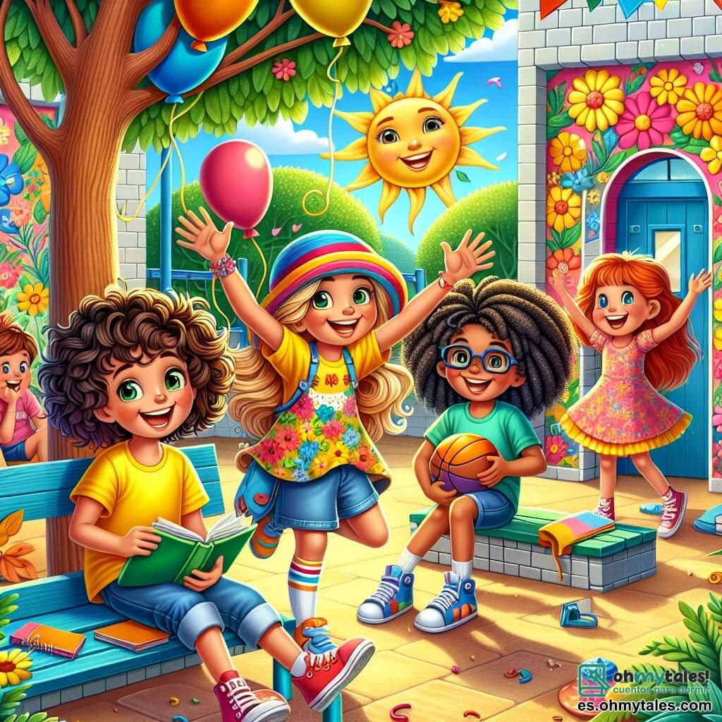 Ilustración que representa una escena animada en el patio de recreo de una escuela colorida, rodeada de muros adornados con frescos alegres de flores y sol. En el centro, un grupo de cuatro niñas, de unos diez años, está juntas. Una de ellas, con cabello castaño y rizado, lleva una camiseta amarilla brillante y un short de mezclilla, sonriendo con entusiasmo. Al lado, otra niña, con cabello rubio y largo, luce un sombrero colorido y un vestido de flores, levantando los brazos al aire con alegría. Una tercera niña, con cabello pelirrojo y gafas, está sentada en un banco, sosteniendo un libro abierto, su rostro iluminado por una gran sonrisa. Por último, un niño con cabello negro y rizado, que lleva una camiseta azul y un short, se une a ellas, sosteniendo una pelota de baloncesto en sus manos, listo para jugar. La escena emana una atmósfera de camaradería y emoción, con niños riendo y conversando a su alrededor. Globos de colores flotan en el aire, y un gran árbol frondoso se alza en el fondo, añadiendo un toque de naturaleza. El cielo es de un azul brillante, salpicado de algunas nubes blancas. Esta ilustración captura el espíritu alegre y la anticipación del regreso a clases, simbolizando el comienzo de una nueva aventura escolar.