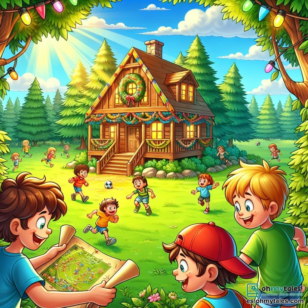 Ilustración que representa un amplio campamento de verano en plena naturaleza, con árboles verdes que rodean un gran campo soleado. En el centro, una gran cabaña de madera, adornada con guirnaldas coloridas, donde los niños juegan alegremente. Un niño de siete años, con cabello rizado y castaño, lleva una gorra roja y una camiseta azul, sonriendo mientras sostiene un mapa del tesoro. A su lado, otro niño de la misma edad, con gafas y cabello rubio, observa atentamente el mapa, con aire concentrado. Un tercer niño, un poco más tímido, con cabello castaño y pantalones cortos verdes, observa con curiosidad una pequeña hormiga en el suelo. La escena muestra a los niños en plena búsqueda de aventura, buscando el tesoro escondido en el bosque, rodeados de risas y la emoción del verano. Al fondo, amigos juegan al fútbol y otros niños se divierten cerca de una fogata, añadiendo un ambiente festivo y alegre a la ilustración. Rayos de sol filtrándose a través de las hojas crean una atmósfera mágica y cálida.