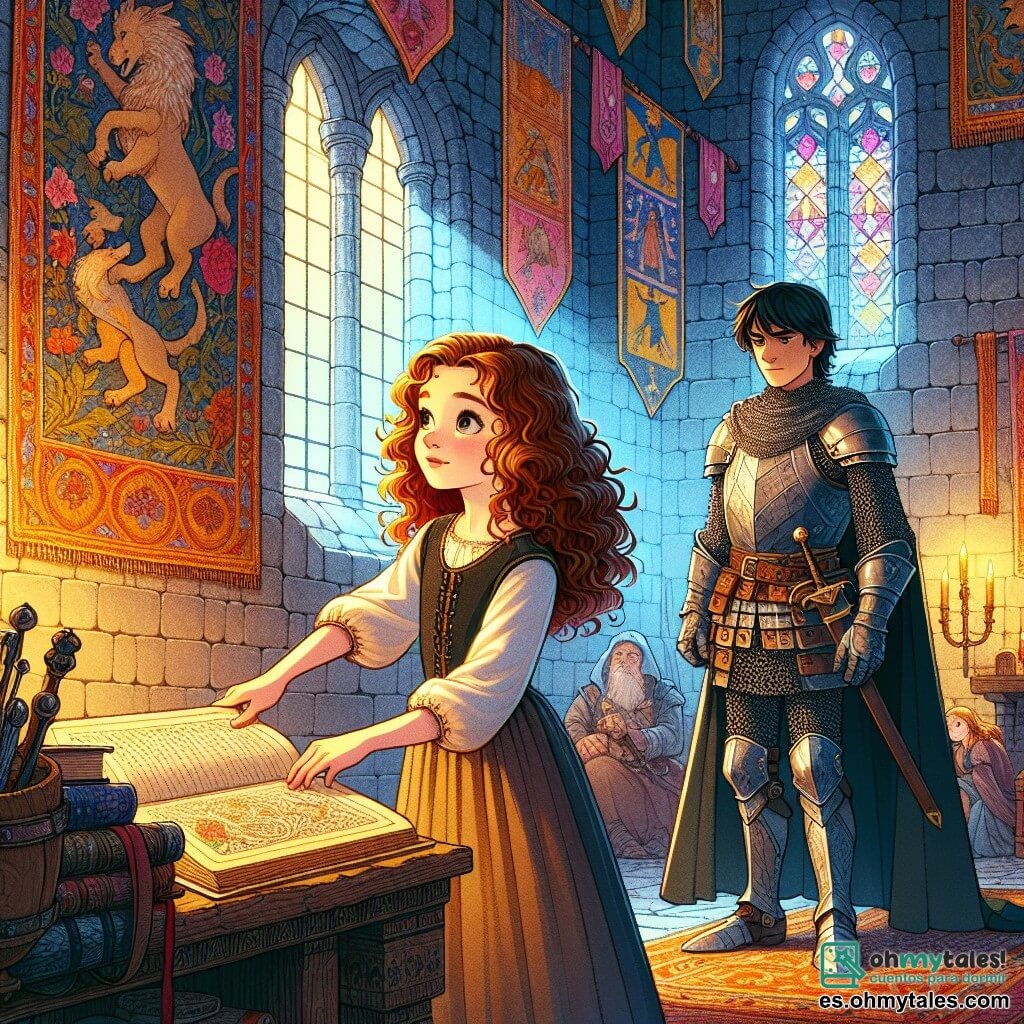 Ilustración que representa una escena en un antiguo castillo medieval, con grandes torres de piedra gris y banderas de colores ondeando al viento. En el interior, paredes adornadas con tapices vibrantes cuentan historias de valentía, mientras que una luz suave se filtra a través de pequeñas ventanas de vidrio de colores, creando una atmósfera mágica. En el centro de la escena, una niña de 11 años con cabello rizado y castaño, vestida con un vestido simple pero elegante, se encuentra con una expresión maravillada. Sus ojos brillantes reflejan la emoción de la aventura y sostiene un antiguo manuscrito en sus manos, descubriendo su contenido con curiosidad. A su lado, un joven de aproximadamente 12 años, con cabello negro y una armadura brillante, observa atentamente a la niña. Su expresión es a la vez seria y alentadora, como si estuviera listo para ayudarla en su búsqueda. Se mantiene erguido, con una espada en la cintura, preparado para defender a su amiga. La situación principal muestra a la niña descubriendo el manuscrito perdido, rodeada de la atmósfera misteriosa del castillo, con detalles como antorchas parpadeantes en las paredes y sombras danzantes, creando un sentimiento de aventura y magia. Elementos adicionales incluyen libros antiguos esparcidos sobre una mesa de madera, mapas antiguos colgados en las paredes y una suave brisa que mueve las banderas afuera.