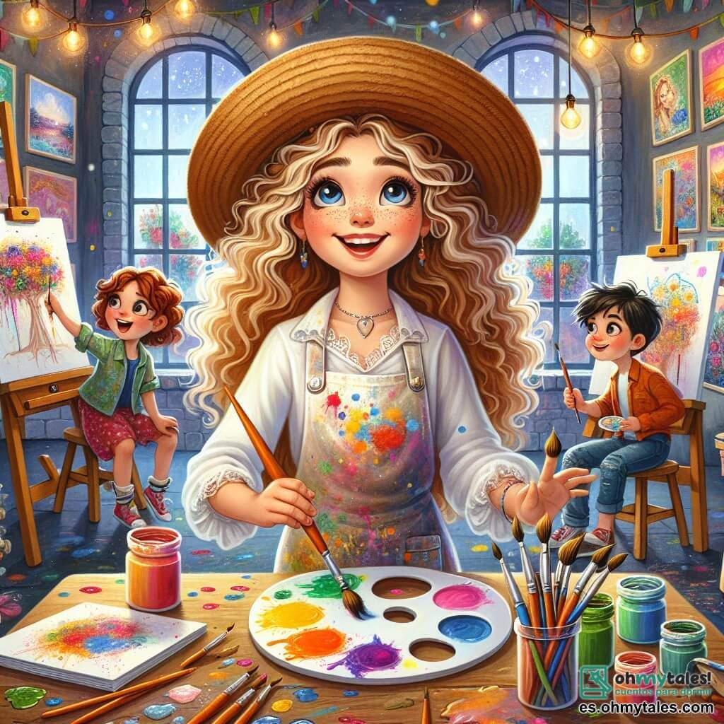 Ilustración que representa un estudio de arte luminoso y colorido, con paredes cubiertas de cuadros vibrantes y pinceles esparcidos sobre una gran mesa de madera. En el centro, una mujer de cabello largo y rizado, con un gran sombrero de paja y una blusa salpicada de pintura, está mezclando colores en una paleta, su rostro irradia pasión y creatividad. A su alrededor, cuatro niños: una niña de unos 8 años con cabello rizado y ojos brillantes, que observa con asombro; un niño de 9 años, curioso, que hace preguntas mientras sostiene un pincel; otra niña de unos 7 años, concentrada, que dibuja en un pequeño cuaderno; y un niño de 10 años, sosteniendo una cámara, listo para capturar cada momento mágico. La escena muestra la efervescencia de la creatividad, con salpicaduras de pintura colorida a su alrededor, bocetos de sueños en hojas de papel y una atmósfera alegre e inspiradora que invita a la imaginación.