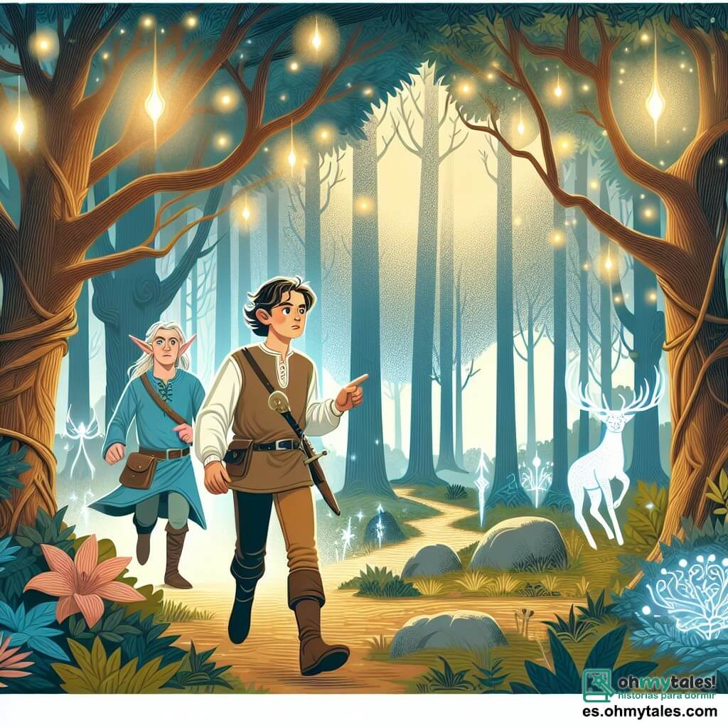 Une illustration destinée aux enfants représentant un jeune homme courageux, accompagné d'un Elfe de sexe masculin, explorant un bosque enchanté rempli d'arbres lumineux et de créatures magiques, dans une histoire de Fantasy historique.