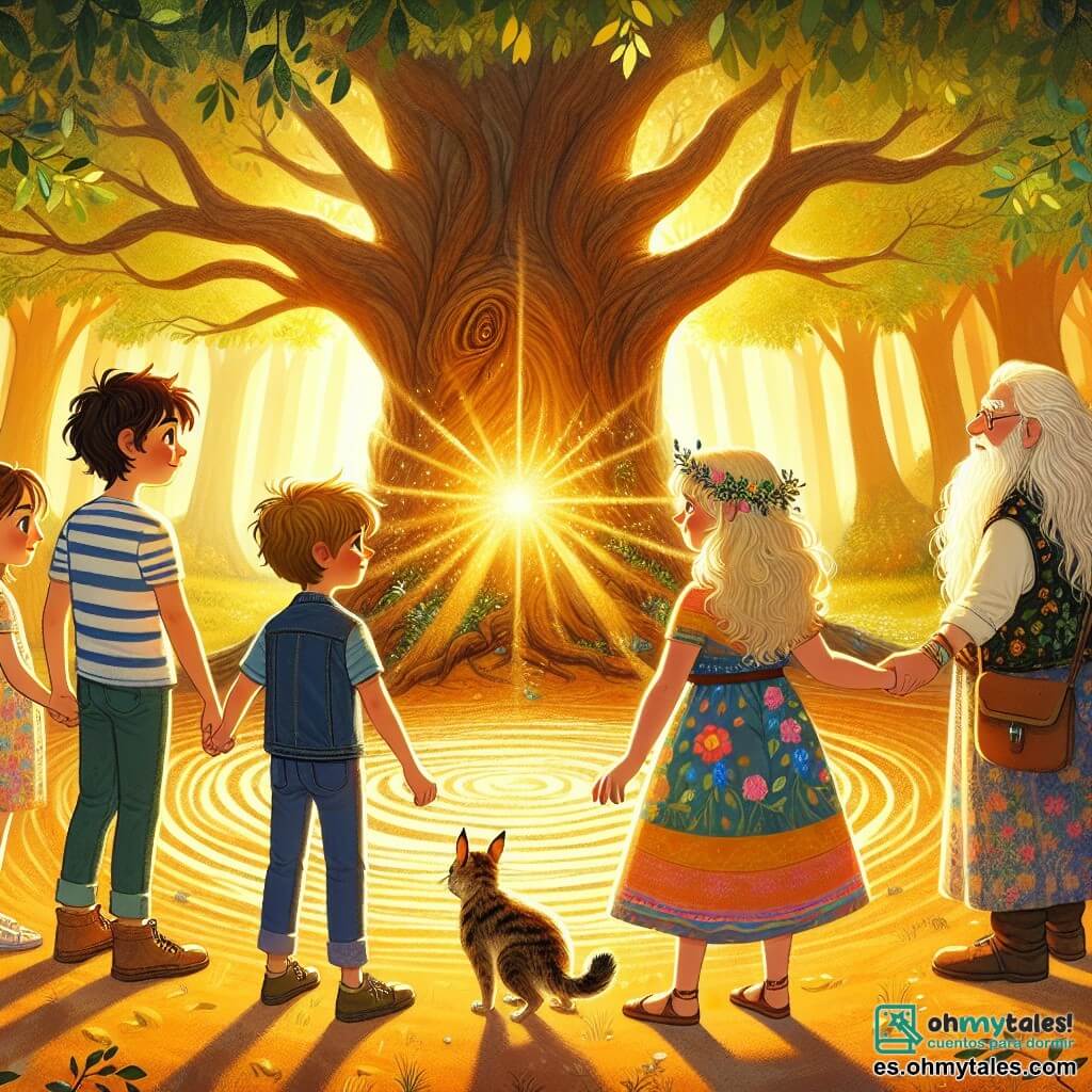 Une illustration sous forme de dessin destinée aux enfants représentant un clair de forêt enchanté, baigné par la lumière dorée du soleil filtrant à travers les feuilles, où un groupe de quatre enfants de 11 ans, deux garçons aux cheveux bruns et aux yeux pétillants, l'un portant un t-shirt rayé et l'autre une casquette, ainsi que deux filles, l'une avec des cheveux blonds et des lunettes, vêtue d'une robe colorée, et l'autre avec des cheveux bouclés et un t-shirt à fleurs, se tiennent main dans la main, regardant avec émerveillement un ancien arbre majestueux au centre du clair, tandis qu'un sage ancêtre à la longue barbe blanche et aux yeux sages les observe, prêt à leur offrir des leçons de vie sur le courage, l'amitié et la découverte de soi.