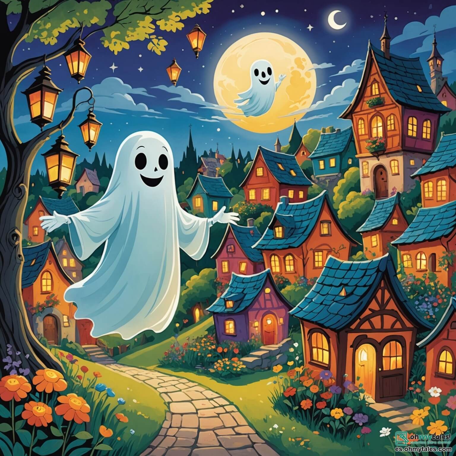 Une illustration destinée aux enfants représentant un fantôme lumineux et espiègle, flottant joyeusement au-dessus d'un village coloré aux maisons aux toits pointus, où les jardins regorgent de fleurs éclatantes et de lanternes scintillantes, tandis qu'un jeune garçon curieux, aux yeux pétillants, s'aventure dans le bois mystérieux à la recherche d'une magie perdue.