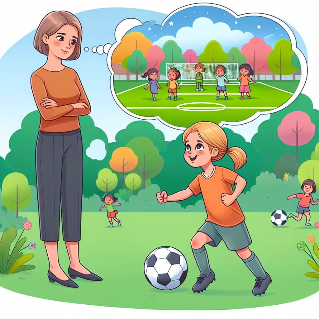 Une illustration destinée aux enfants représentant une jeune footballeuse passionnée, qui rêve de devenir une joueuse professionnelle, accompagnée de sa mère bienveillante, dans un parc verdoyant avec un grand terrain de football entouré d'arbres colorés et d'enfants qui jouent joyeusement.
