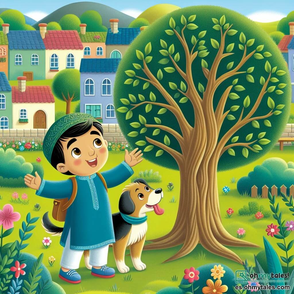 Une illustration destinée aux enfants représentant un jeune garçon curieux et enthousiaste, accompagné de son chien fidèle, découvrant un majestueux arbre au milieu d'un paisible voisinage rempli de maisons colorées, entouré de fleurs et d'arbres verdoyants.