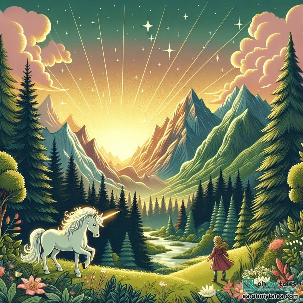 Une illustration destinée aux enfants représentant une licorne étincelante, perdue dans une forêt enchantée, faisant la rencontre d'une petite fille courageuse, dans un vaste vallon verdoyant entouré de montagnes majestueuses et baigné par la lumière dorée du soleil couchant.