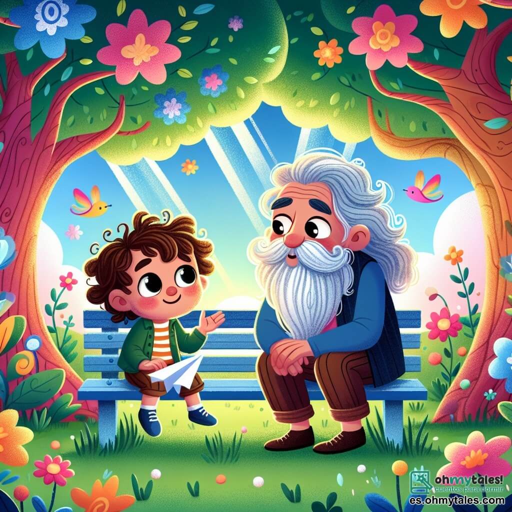 Une illustration sous forme de dessin destinée aux enfants représentant un jardin magique aux couleurs vives, avec des fleurs dansantes et des arbres majestueux, où un garçon de 3 ans aux cheveux bouclés et aux yeux pétillants, tenant un avion en papier, écoute attentivement un vieil homme sage aux cheveux gris et à la barbe fournie, assis sur un banc, alors qu'ils partagent des rêves et des questions sur la vie, le tout baigné par la douce lumière du soleil filtrant à travers les feuilles.