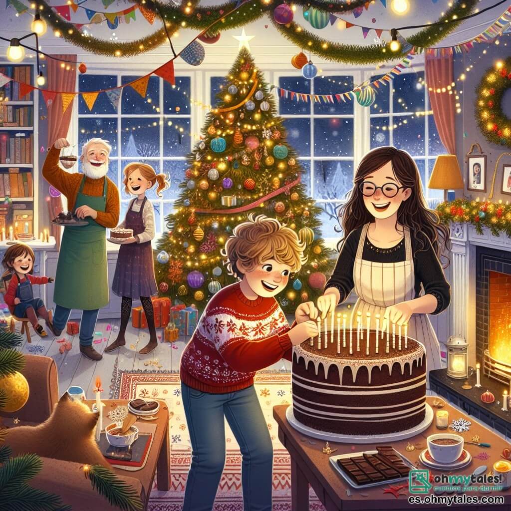 Ilustración que representa una acogedora sala de estar decorada para una fiesta de Año Nuevo. Las paredes están adornadas con serpentinas de colores y guirnaldas brillantes, mientras que un gran árbol de Navidad brilla en una esquina, iluminado por luces parpadeantes. En el centro, un niño de 11 años, con cabello castaño despeinado y una sonrisa radiante, está preparando un enorme pastel de chocolate. Lleva un suéter rojo con motivos de copos de nieve y jeans. A su lado, una niña de 14 años, con cabello largo y castaño y gafas, lo ayuda a colocar velas en el pastel, riendo. Al fondo, una mujer de mediana edad, con cabello canoso y un delantal, baila alegremente sosteniendo una taza de chocolate caliente, mientras un hombre de mediana edad, con barba canosa, ajusta la música. La escena está llena de alegría y anticipación, con globos flotantes y destellos de confeti que añaden un toque festivo a la atmósfera.