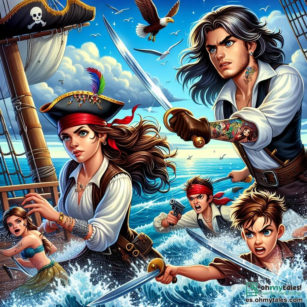 Ilustración que representa una escena de batalla en un barco pirata en alta mar. El cielo es de un azul profundo, salpicado de nubes blancas, y las olas se estrellan contra el costado del barco, creando salpicaduras brillantes. En el centro de la imagen, una mujer valiente, con largos cabellos castaños ondeando al viento, lleva un sombrero de pirata adornado con una pluma colorida. Viste una camisa blanca y un chaleco de cuero, blandiendo una espada con determinación, su mirada fija en su oponente. A su lado, un joven de unos 20 años, con una barba incipiente y un bandana rojo, lucha con un hacha, su expresión concentrada y decidida. Otro personaje, una mujer de unos treinta años, con cabello corto y tatuajes de sirenas en los brazos, maneja una pistola, lista para defender a sus compañeros. La escena principal muestra la intensa lucha entre los piratas, con espadas chocando y gritos de valentía. Al fondo, el mástil del barco se erige orgullosamente, sus velas blancas hinchadas por el viento, mientras que tesoros brillantes están esparcidos por la cubierta, añadiendo un toque de aventura a la ilustración. Gaviotas vuelan por encima, acentuando la atmósfera marítima.