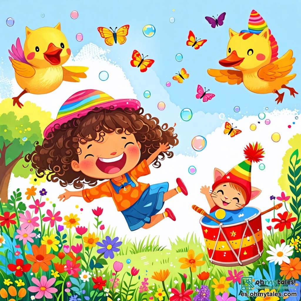 Une illustration sous forme de dessin destinée aux enfants représentant un jardin coloré rempli de fleurs éclatantes et de papillons, où une petite fille de 2 ans aux cheveux bouclés et au sourire radieux, portant un gorro de couleurs vives, saute de joie en riant, tandis qu'un drôle de canard aux ailes arc-en-ciel et une gorra rouge virevolte dans les airs à ses côtés, et un chat avec un tambour et un chapeau de fête bat la mesure, tous ensemble en train de chercher des bulles magiques qui chantent des mélodies joyeuses.