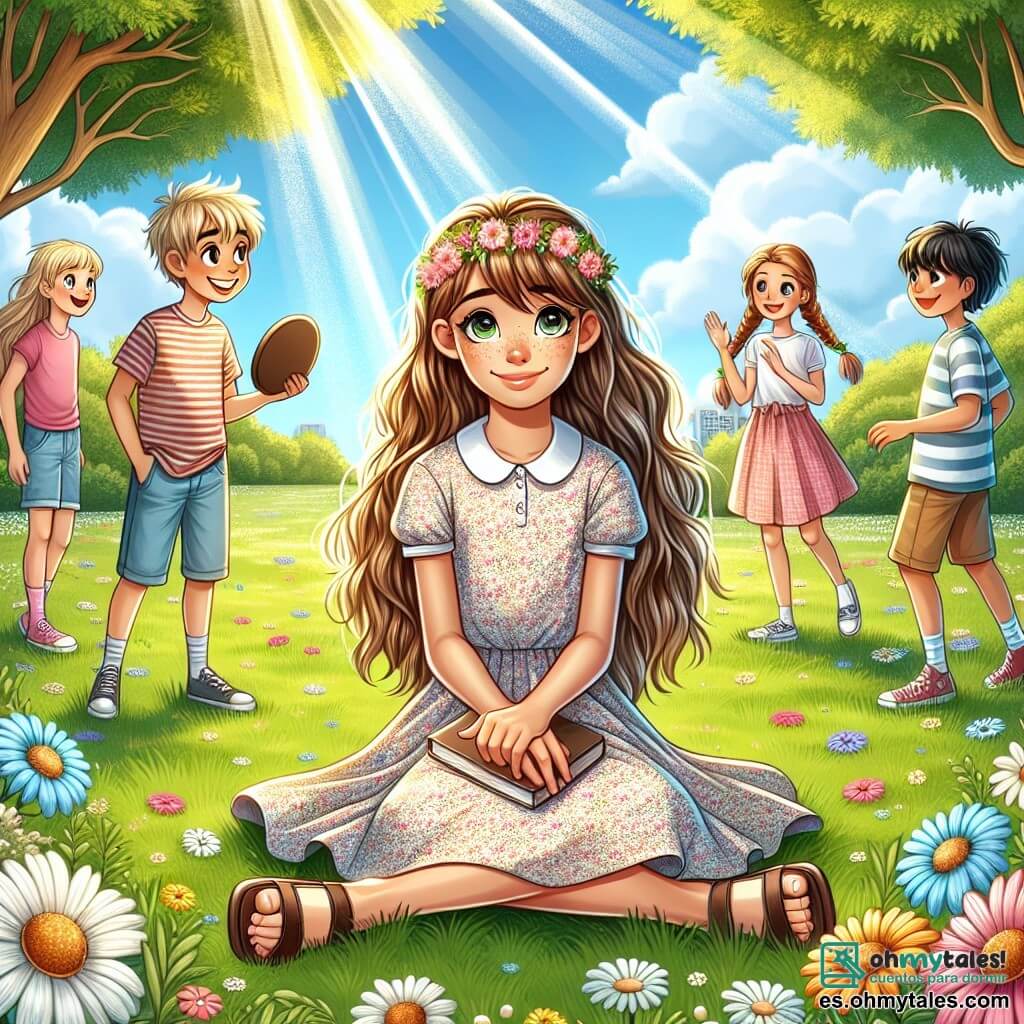 Ilustración que representa un parque soleado, lleno de flores coloridas y árboles majestuosos, con un cielo azul claro salpicado de algunas nubes blancas esponjosas. En el centro, una niña de 11 años, con cabello castaño ondulado y una sonrisa tímida, está sentada en la hierba verde, sosteniendo una pequeña libreta en sus manos. Lleva un vestido ligero con estampados florales y sandalias. A su alrededor, tres niños, dos niñas y un niño, todos de aproximadamente 11 años, están jugando al frisbee. Una de las niñas tiene el cabello rubio trenzado y lleva una camiseta rosa, mientras que la otra tiene el cabello castaño y lleva una blusa a rayas. El niño tiene el cabello negro despeinado y un pantalón corto azul. La niña en el centro, visiblemente nerviosa, mira a sus amigos con una expresión de duda, lista para confesarles su mentira. Los rayos de sol se filtran a través de las hojas de los árboles, creando un ambiente cálido y acogedor, mientras subrayan el momento crucial de la verdad que está a punto de revelarse.