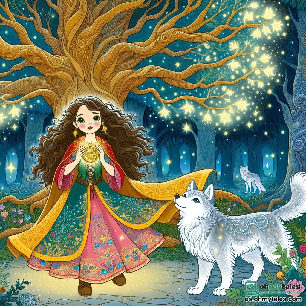Une illustration sous forme de dessin destinée aux enfants représentant un magnifique Bosque de los Susurros, où de grands arbres aux feuilles scintillantes murmurent des secrets, avec une fille de 11 ans aux cheveux longs et ondulés, portant une robe colorée, qui se tient courageusement devant un majestueux Arbre de la Vie, tenant un médaillon doré dans ses mains, tandis qu'un loup au pelage argenté, aux yeux brillants comme des étoiles, l'observe avec bienveillance, le tout baigné dans une lumière douce et magique qui illumine le chemin qu'elle a parcouru pour sauver son monde.
