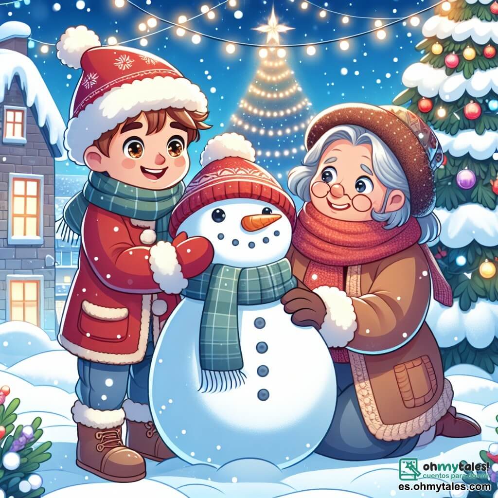 Une illustration sous forme de dessin destinée aux enfants représentant une charmante place de village enneigée, ornée de lumières scintillantes et d'un grand sapin de Noël décoré, où un garçon de 11 ans aux cheveux bruns et aux yeux pétillants, vêtu d'un manteau rouge et d'une écharpe, construit un grand bonhomme de neige avec un sourire radieux, tandis qu'une vieille dame aux cheveux argentés, portant un chapeau en laine et un manteau chaud, l'observe avec tendresse, partageant un moment de joie et de complicité dans l'esprit de Noël.
