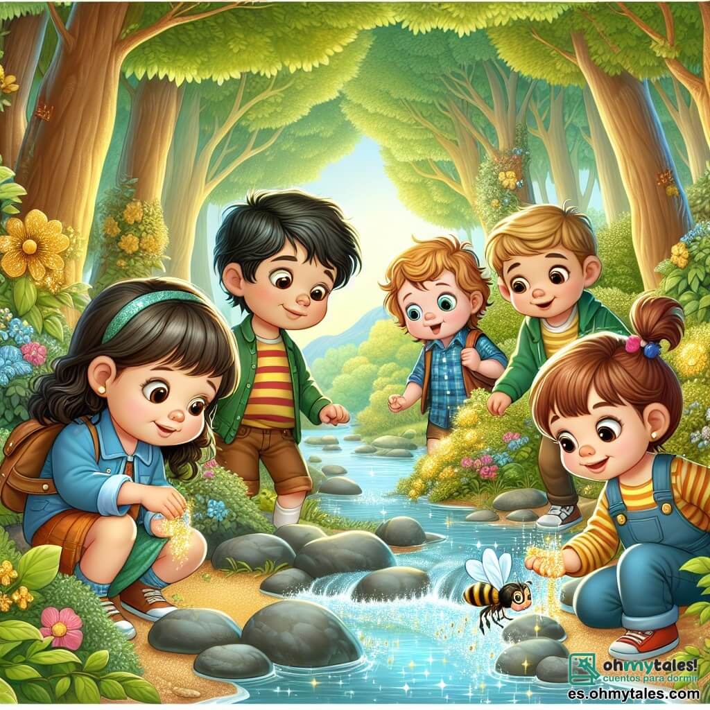 Une illustration sous forme de dessin destinée aux enfants représentant un groupe de quatre enfants de cinq ans, deux garçons aux cheveux bouclés et une fille avec une tresse, tous souriants et vêtus de vêtements colorés, explorant un magnifique Bosque Misterioso rempli d'arbres géants aux feuilles vertes et dorées, avec des fleurs éclatantes autour d'eux, alors qu'ils découvrent un grand arbre aux branches étendues, où l'un des garçons regarde avec émerveillement une petite abeille qui vole près de lui, tandis que les autres s'amusent à ramasser des pierres brillantes au bord d'un ruisseau scintillant.