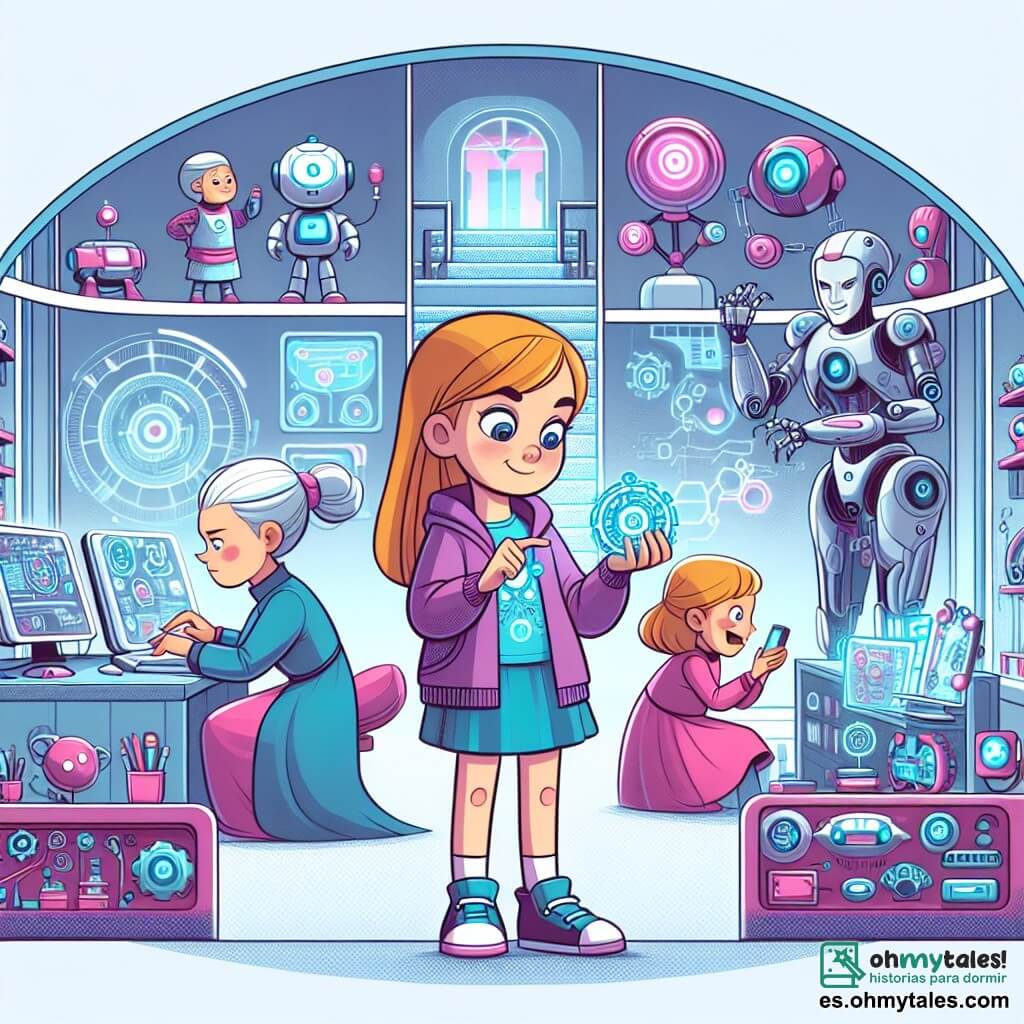 Une illustration destinée aux enfants représentant une jeune fille passionnée par la robotique, exploitée par sa belle-mère et ses deux demi-sœurs jalouses, dans une maison futuriste remplie de gadgets et de robots à la pointe de la technologie.