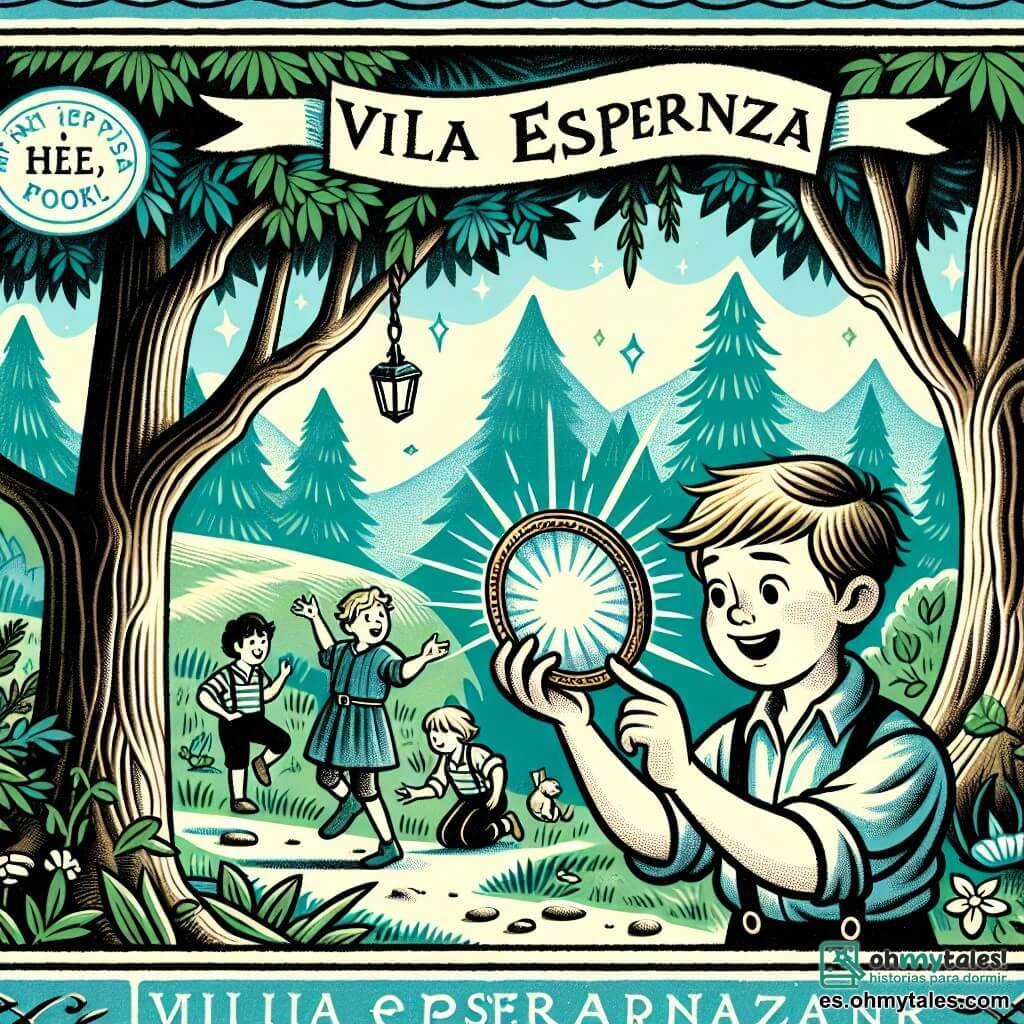 Une illustration destinée aux enfants représentant un garçon curieux et plein d'énergie découvrant un petit espejo magique dans un bosque ensoleillé, accompagné de ses amis jouant joyeusement sous la frondaison verdoyante de grands arbres centenaires à Villa Esperanza.