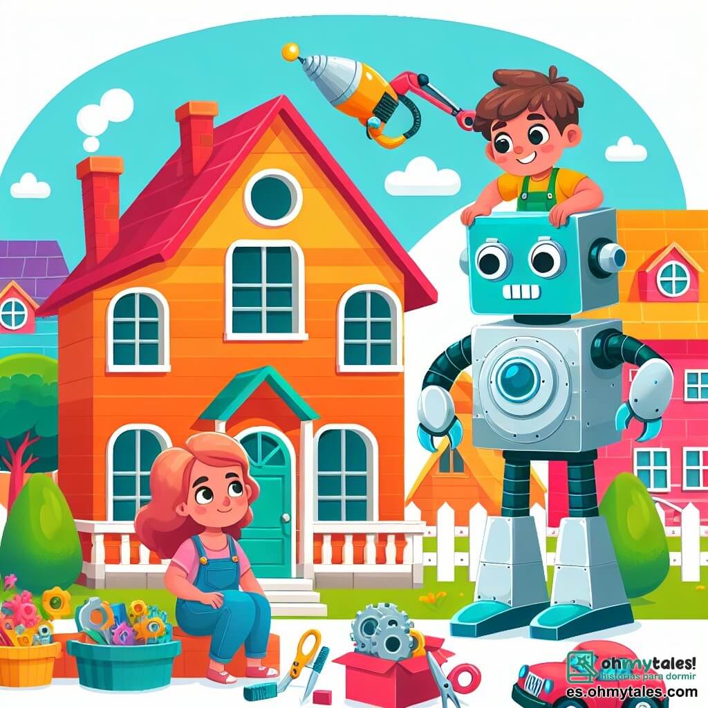 Une illustration destinée aux enfants représentant un garçon imaginatif et espiègle, créant un robot géant pour sa maman, avec la maison colorée de Villa Alegre en arrière-plan, où règne la joie et la chaleur familiale.