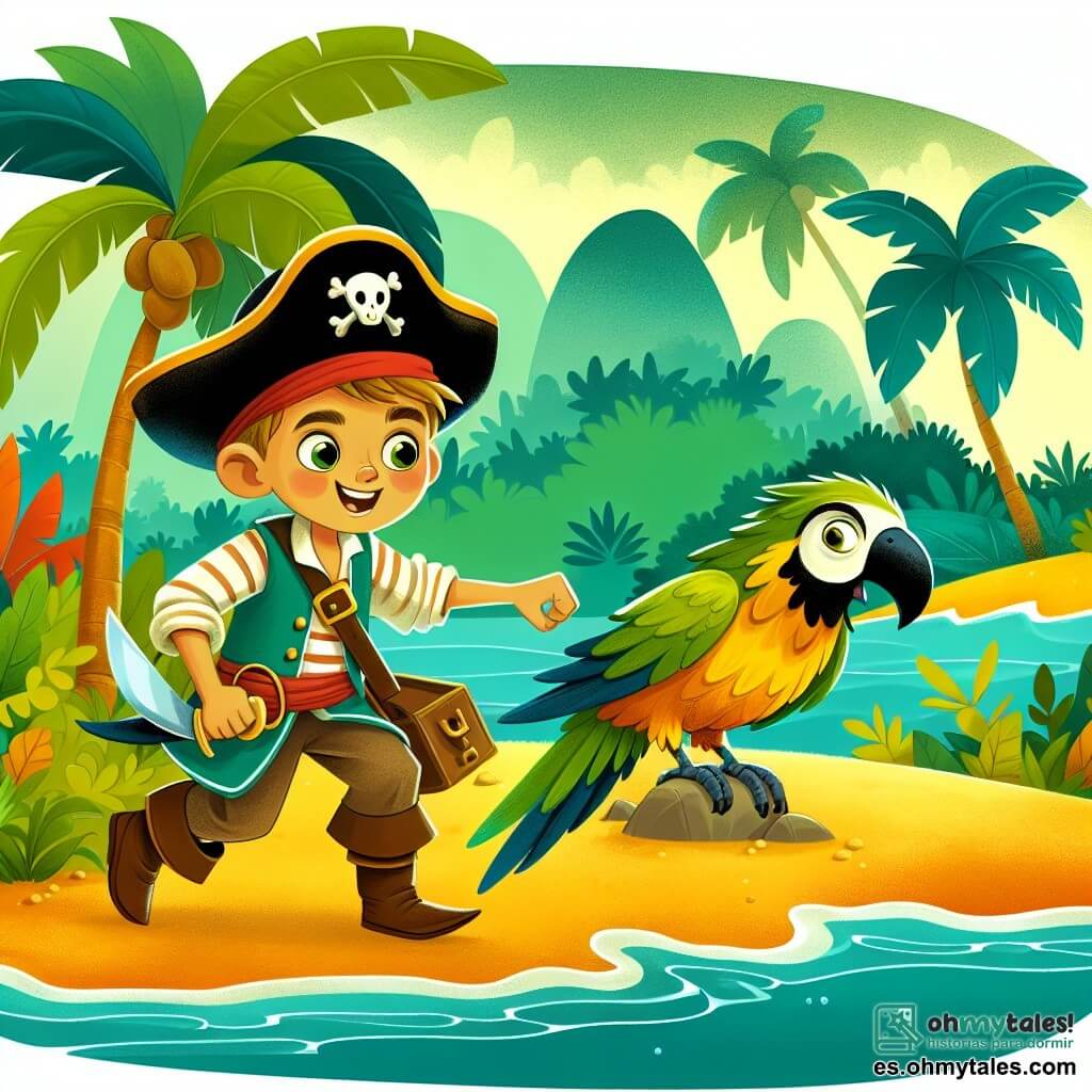 Une illustration destinée aux enfants représentant un jeune pirate intrépide, accompagné de son fidèle perroquet, explorant une île mystérieuse aux plages dorées et à la jungle luxuriante.