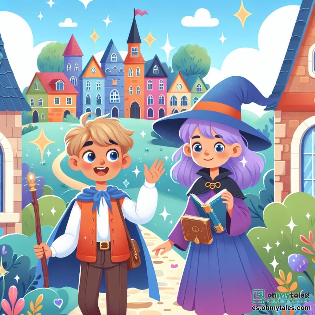 Une illustration destinée aux enfants représentant un jeune apprenti sorcier, plein de malice et de curiosité, découvrant une école de magie enchantée, accompagné d'une joyeuse sorcière aux cheveux violets, dans un village pittoresque aux maisons colorées et aux rues pavées étincelantes.