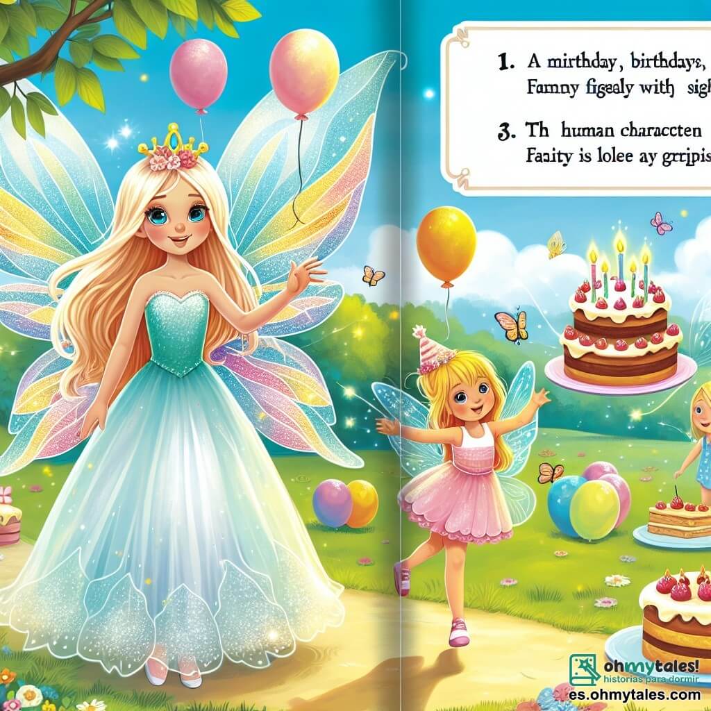 Une illustration destinée aux enfants représentant une fillette vivant une aventure magique le jour de son anniversaire, accompagnée d'un personnage secondaire, une fée aux ailes brillantes, dans un parc ensoleillé parsemé de globos colorés et de délicieux gâteaux.