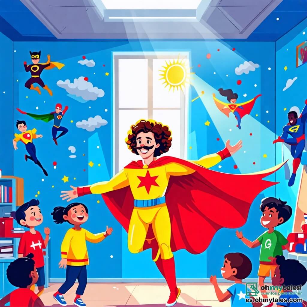 Ilustración que representa una escena colorida dentro de la gran escuela de superhéroes de Risalandia. Las paredes están pintadas de azul brillante, decoradas con murales de superhéroes en acción, y las ventanas dejan entrar la luz del sol, iluminando el lugar de manera alegre. En el centro de la escena, un hombre con un traje amarillo brillante y una capa roja llena de dibujos de payasos está haciendo piruetas, con una gran sonrisa en su rostro. Tiene el cabello rizado y un bigote cómico, y parece listo para contar un nuevo chiste. Alrededor de él, varios niños, de entre 8 y 10 años, están reunidos. Entre ellos, una niña con trenzas castañas, que lleva una camiseta verde y un short rosa, se ríe a carcajadas, mientras que un niño con gafas gruesas y cabello rubio despeinado observa con una mezcla de sorpresa y diversión. La escena principal muestra al hombre contando un chiste hilarante, provocando risas entre los niños, mientras que un profesor al fondo, con una expresión divertida, intenta no sonreír. Globos de colores flotan alrededor y un gran cartel en la pared dice "Bienvenidos a la clase del humor". La atmósfera está llena de alegría y risas, capturando el espíritu lúdico y cómico de la historia.