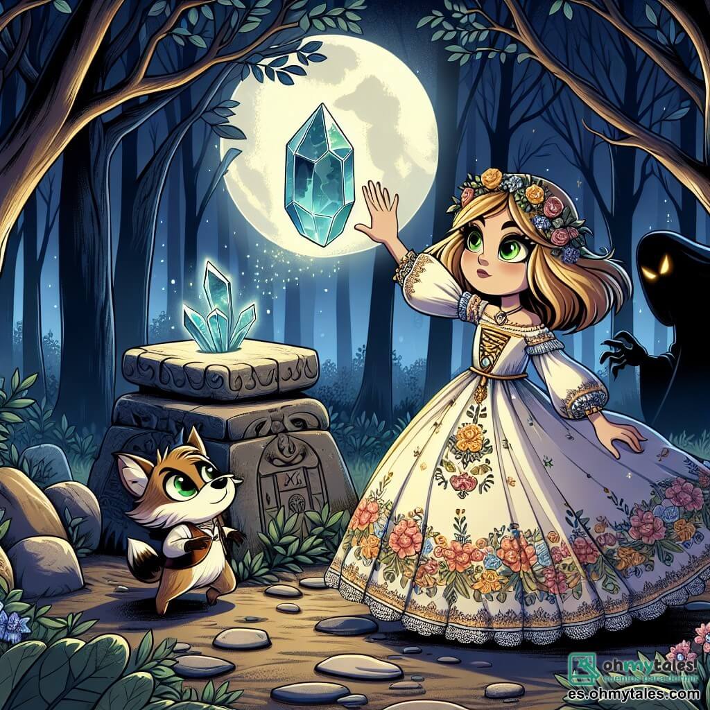 Une illustration sous forme de dessin destinée aux enfants représentant un clair de forêt magique, où une jeune sorcière aux cheveux dorés et aux yeux verts, vêtue d'une robe flottante ornée de motifs floraux, lève une main vers un cristal brillant flottant au-dessus d'un ancien autel de pierre, tandis qu'un petit zorro rusé aux yeux pétillants l'observe avec curiosité, et une ombre menaçante se profile en arrière-plan, symbolisant le défi qu'elle doit surmonter pour protéger son village.