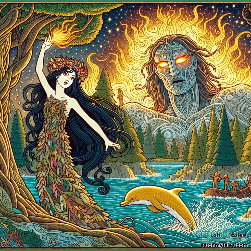 Une illustration sous forme de dessin destinée aux enfants représentant un paysage enchanteur de la Terre de les Quatre Vents, avec des rivières scintillantes et des arbres majestueux dans un clair-obscur magique, où une jeune femme aux longs cheveux noirs comme la nuit, vêtue d'une robe de feuilles et de fleurs, se tient courageusement face à un titan colossal aux yeux flamboyants, tandis qu'un delfin doré émerge des eaux à ses côtés, prêt à l'aider dans sa quête pour sceller à nouveau le titan endormi, le tout baigné dans une lumière dorée et vibrante qui symbolise l'espoir et la magie.