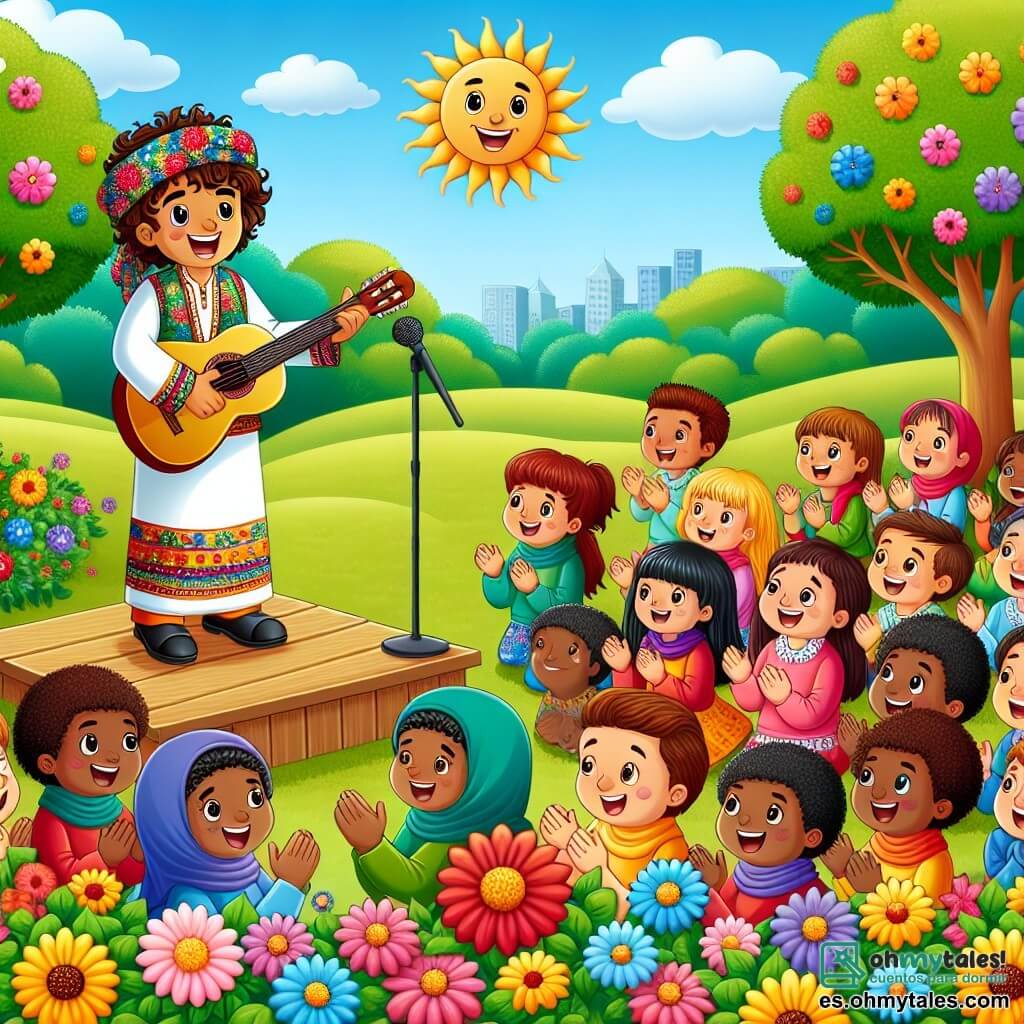 Une illustration sous forme de dessin destinée aux enfants représentant un parc ensoleillé, rempli de fleurs colorées et d'arbres verdoyants, où un homme au sourire chaleureux, aux cheveux bruns et aux vêtements colorés, se tient sur une petite scène en bois, chantant joyeusement avec une guitare à la main, entouré de plusieurs enfants, garçons et filles, aux visages rayonnants, qui l'écoutent attentivement et battent des mains en rythme, illustrant un moment de partage musical et de bonheur collectif.