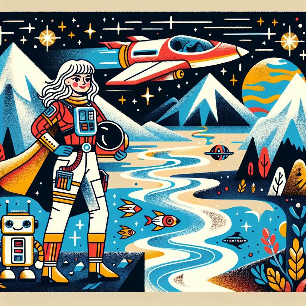 Une illustration destinée aux enfants représentant une femme intrépide, pilote d'une navette spatiale, accompagnée d'un adorable robot, explorant les vastes étendues d'une planète lointaine, avec des montagnes aux sommets enneigés, des rivières scintillantes et des créatures extraterrestres colorées.