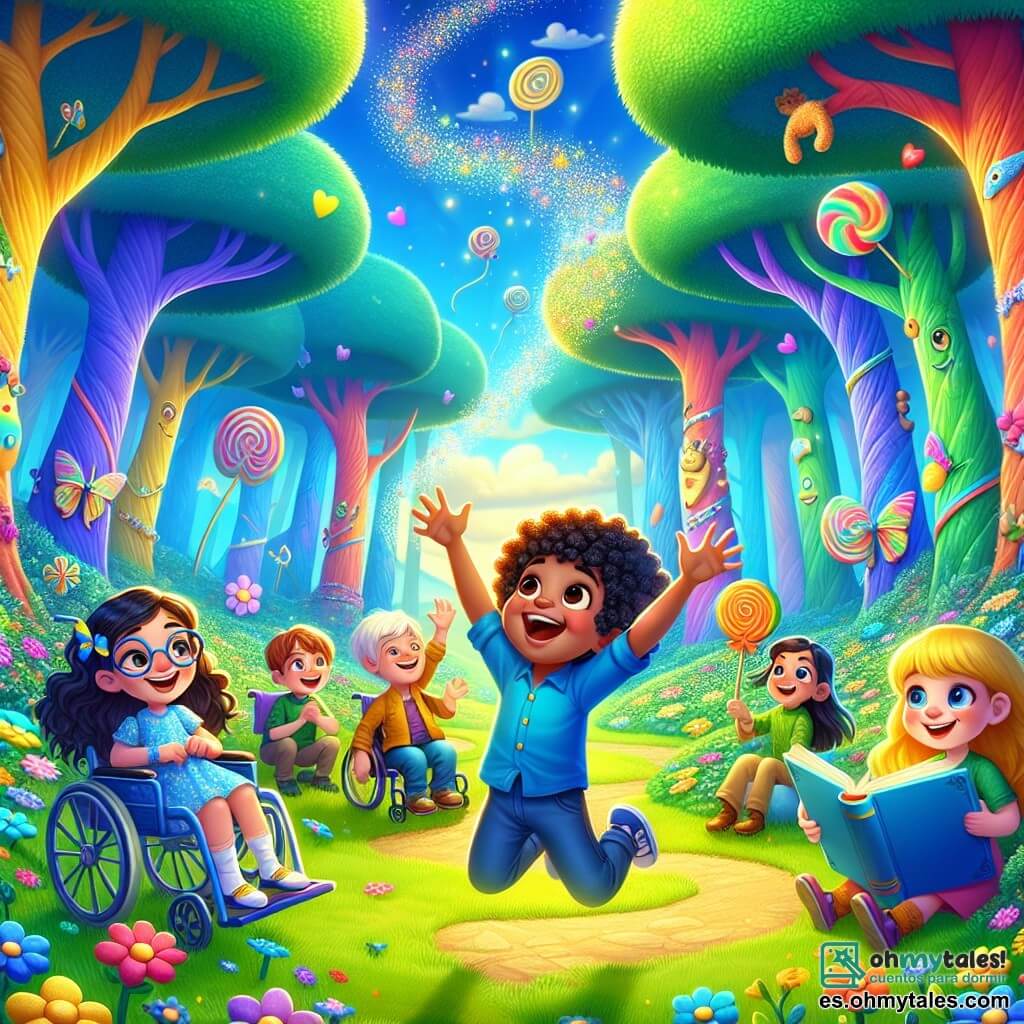 Ilustración que representa un claro de bosque encantado, donde grandes árboles de troncos coloridos se elevan hacia un cielo azul salpicado de nubes en forma de caramelos. El suelo está cubierto de un césped verde brillante, salpicado de flores de colores vivos que parecen bailar al ritmo de una suave brisa. En el centro de la escena, un niño de aproximadamente 8 años, con cabello rizado y una gran sonrisa, está saltando de alegría, con los brazos levantados hacia el cielo. A su lado, una niña de unos 7 años, con cabello largo y castaño y gafas, mira con asombro un gran libro abierto que brilla intensamente. Otro niño, de aproximadamente 9 años, con cabello rubio y una mirada traviesa, ríe mientras intenta atrapar chispeantes destellos de magia que flotan a su alrededor. Por último, un niño de unos 10 años, en una silla de ruedas colorida, sonríe observando la escena con ojos brillantes, rodeado de confeti que cae del cielo. La situación principal muestra a los cuatro amigos en plena exploración mágica, rodeados de criaturas fantásticas como pasteles voladores y verduras danzantes, mientras intentan hacer aparecer un pastel gigante con palabras mágicas, pero obtienen un resultado divertido: un enorme brócoli que hace reír a todos. Risas y colores vivos llenan el aire, creando una atmósfera alegre y lúdica.