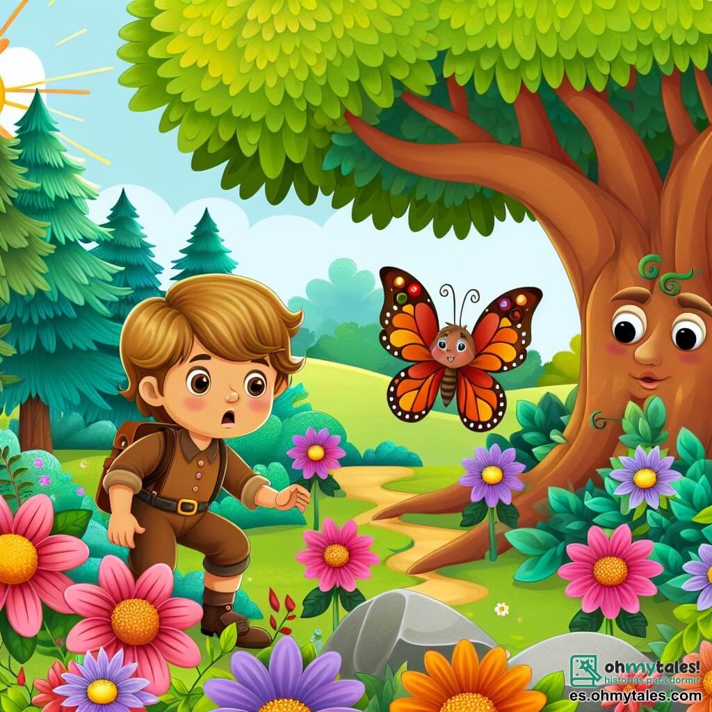 Une illustration destinée aux enfants représentant un petit garçon curieux et courageux, accompagné de son amie la mariposa Margarita, résolvant un mystère dans un jardín enchanteur rempli de fleurs colorées et d'arbres majestueux.
