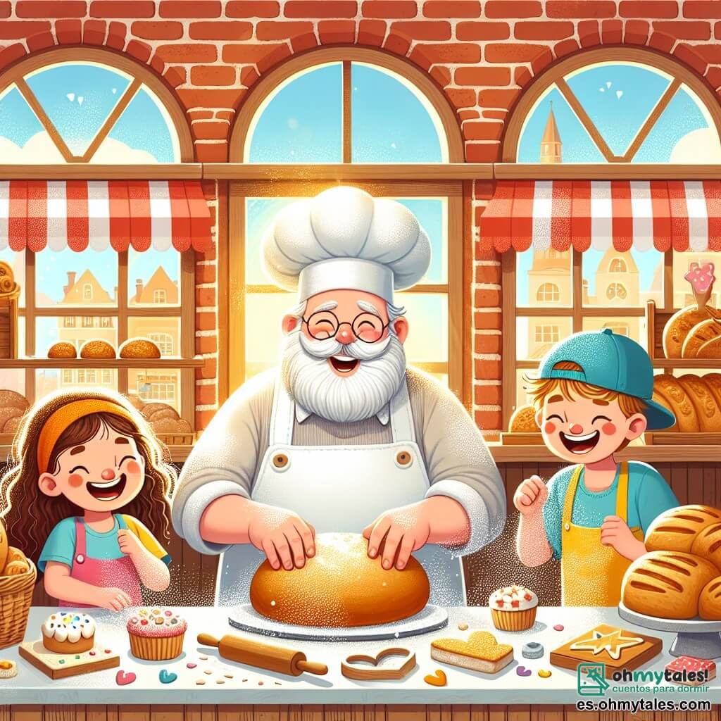 Illustration destinée aux enfants représentant une charmante panadería ensoleillée, avec des murs en briques rouges et de grandes fenêtres ornées de rideaux à carreaux, où l'on peut voir des pains dorés et des gâteaux colorés exposés sur des étagères en bois. Au centre, un homme grand et souriant, avec une barbe blanche touffue et un grand chapeau de chef, pétrit de la pâte avec enthousiasme, vêtu d'un delantal blanc taché de farine. À ses côtés, deux enfants : une fille aux cheveux bouclés et une grande sourire, portant un t-shirt coloré, et un garçon curieux avec un gorro bleu, tous deux riant et aidant à façonner des gâteaux en forme d'étoiles. La scène capture l'énergie joyeuse de la panadería, avec des éclats de farine dans l'air et des gâteaux en forme de cœurs sur la table, illustrant un moment de créativité et de bonheur partagé.