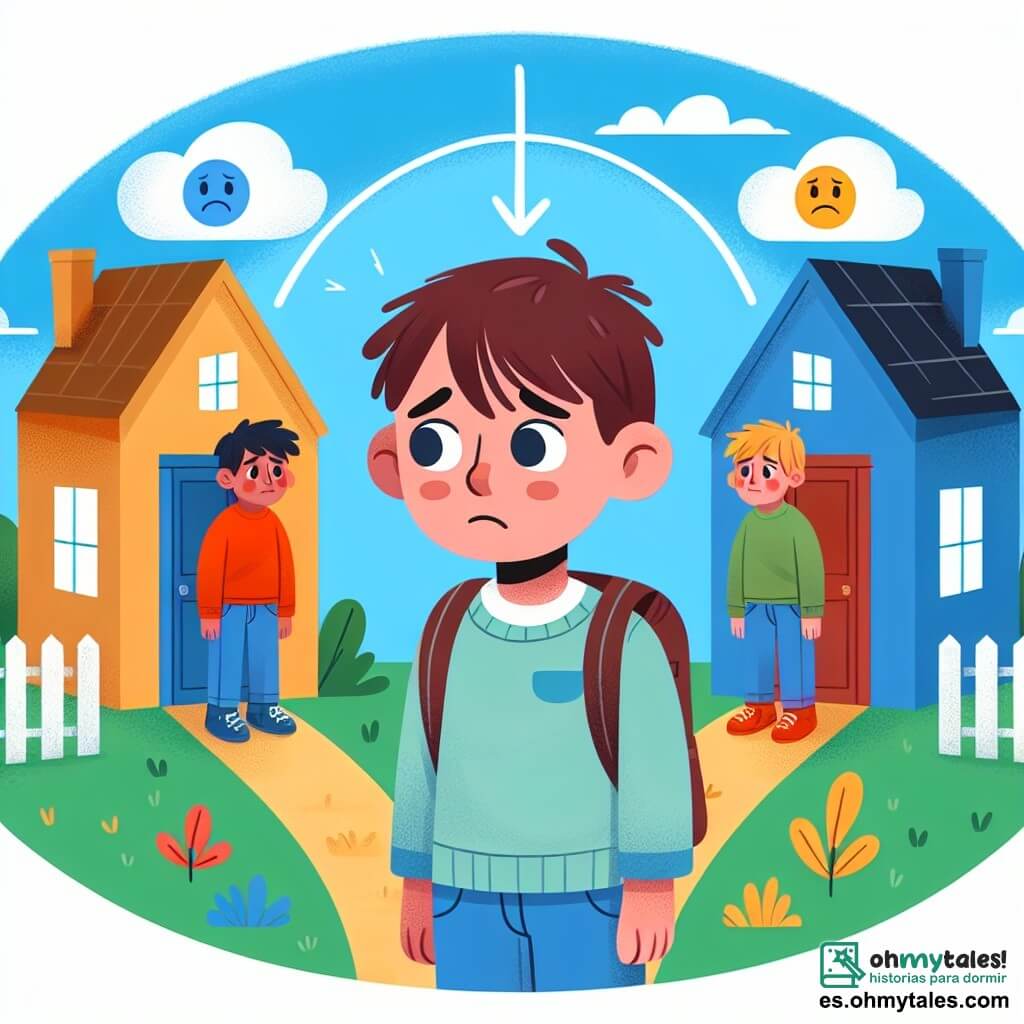 Une illustration destinée aux enfants représentant un petit garçon confus et triste, vivant entre deux maisons colorées et accueillantes, suite à la séparation de ses parents, avec un nouvel ami rencontré au parc qui comprend sa situation.