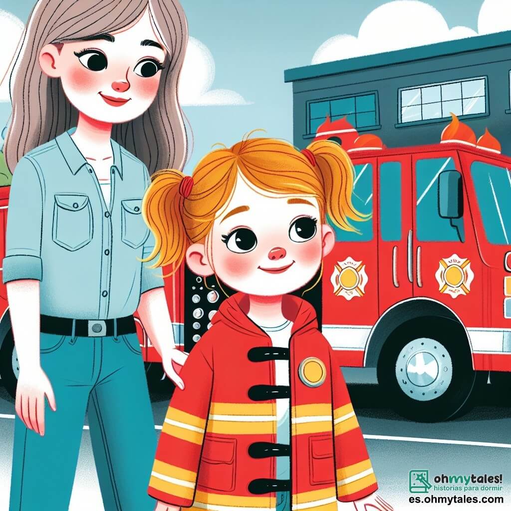Une illustration destinée aux enfants représentant une jeune fille rêvant de devenir une courageuse pompier, accompagnée de sa maman, visitant une station de pompiers colorée et animée, avec des camions rouges brillants garés à l'extérieur.