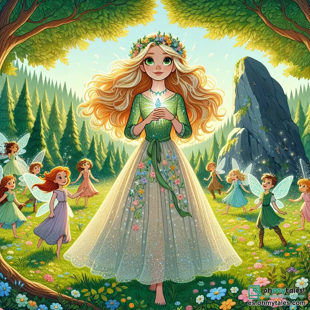 Une illustration sous forme de dessin destinée aux enfants représentant un magnifique prado verdoyant du Royaume de les Susurros, avec des arbres majestueux aux feuilles scintillantes, où une jeune femme aux cheveux dorés et aux yeux verts, vêtue d'une robe légère ornée de fleurs, se tient courageusement devant un grand rocher, tenant un éclat de lumière dans ses mains, tandis que des petites fées aux ailes brillantes, aux visages joyeux et aux robes colorées, l'entourent en dansant, célébrant son courage alors qu'elle s'apprête à restaurer la lumière du soleil volée par le Roi Sombrío.
