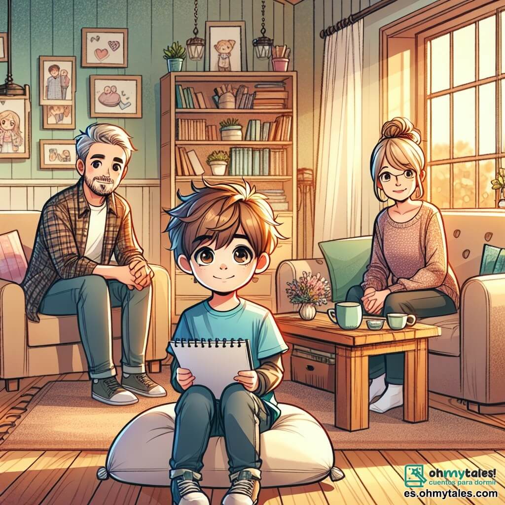 Ilustración que representa una escena acogedora en una sala familiar. Las paredes están pintadas de un color suave, con estanterías llenas de libros y fotos familiares colgadas, creando una atmósfera acogedora. En el centro, una mesa baja de madera está rodeada de sillas cómodas, y una luz suave se filtra a través de las cortinas. En primer plano, un niño de 11 años, con el cabello castaño desordenado y ojos brillantes, está sentado sobre un cojín, con una ligera sonrisa en el rostro. Lleva una camiseta azul y un pantalón corto de mezclilla, sosteniendo un cuaderno en las manos, listo para compartir sus ideas. Su mirada es atenta y llena de esperanza. A su lado, dos adultos, un hombre de unos 40 años con barba bien cuidada y una mujer de unos 38 años con el cabello castaño recogido en un moño, están sentados en el sofá. Se miran con curiosidad y amabilidad, escuchando atentamente al niño. El hombre lleva una camisa a cuadros y la mujer un suéter suave, ambos mostrando expresiones de comprensión y apertura. La situación principal muestra al niño hablando para proponer la idea de una "hora familiar", un momento de compartir y escuchar, mientras los adultos parecen receptivos y listos para involucrarse en esta nueva dinámica. Elementos gráficos adicionales incluyen tazas de chocolate caliente sobre la mesa, juguetes esparcidos por el suelo y una atmósfera cálida que evoca amor y conexión familiar.