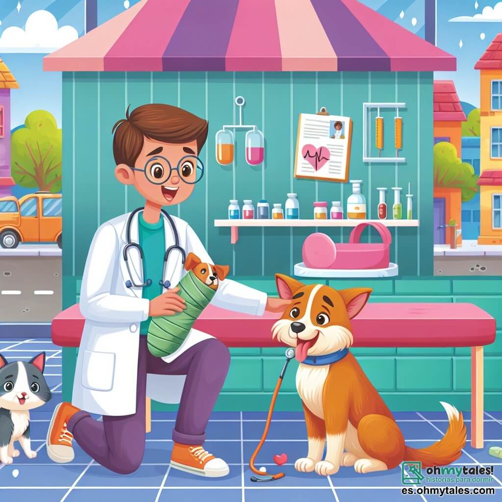 Une illustration destinée aux enfants représentant une jeune femme passionnée par les animaux, aidant un chien blessé avec l'aide de son fidèle chat, dans une clinique vétérinaire colorée et chaleureuse située au cœur de la ville de Villa Verde.
