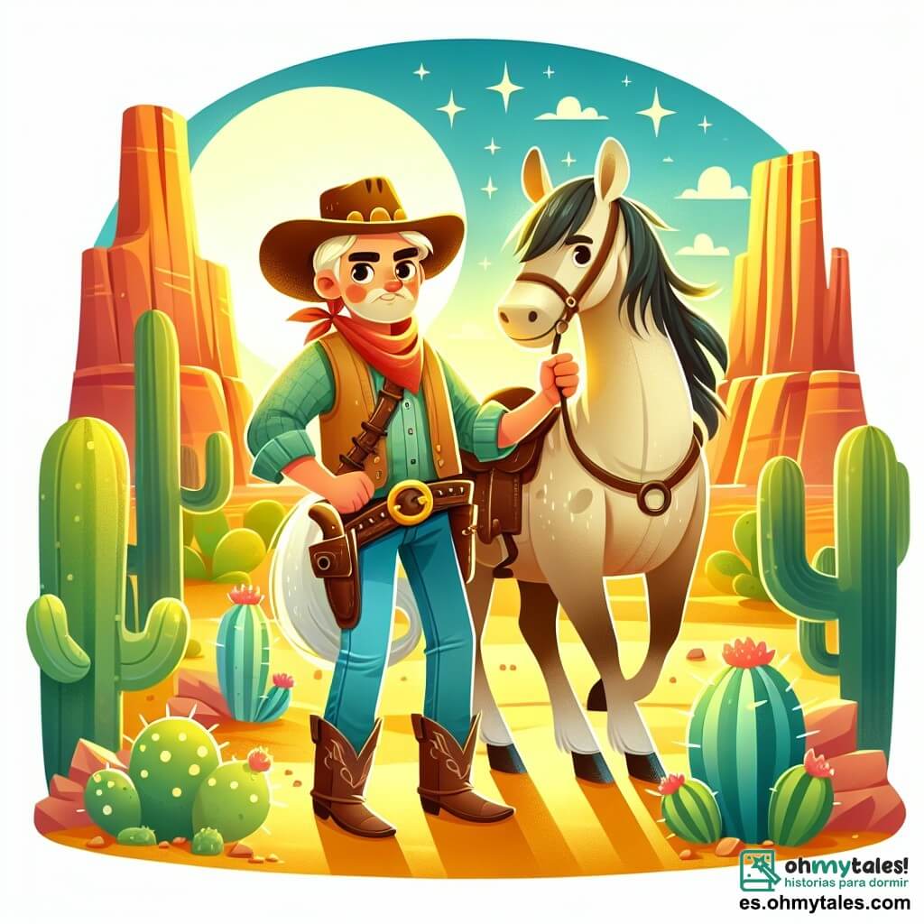 Une illustration destinée aux enfants représentant un courageux cow-boy, prêt à affronter les dangers du Far West, accompagné de son fidèle cheval, dans les vastes plaines désertiques ponctuées de cactus et de canyons rougeoyants.
