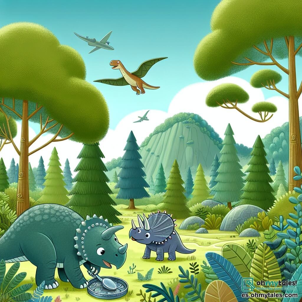 Une illustration destinée aux enfants représentant un jeune diplodocus curieux explorant un valle luxuriant peuplé d'arbres géants, accompagné de son ami Tric, un triceratops sage et expérimenté, découvrant un mystérieux artefact métallique.
